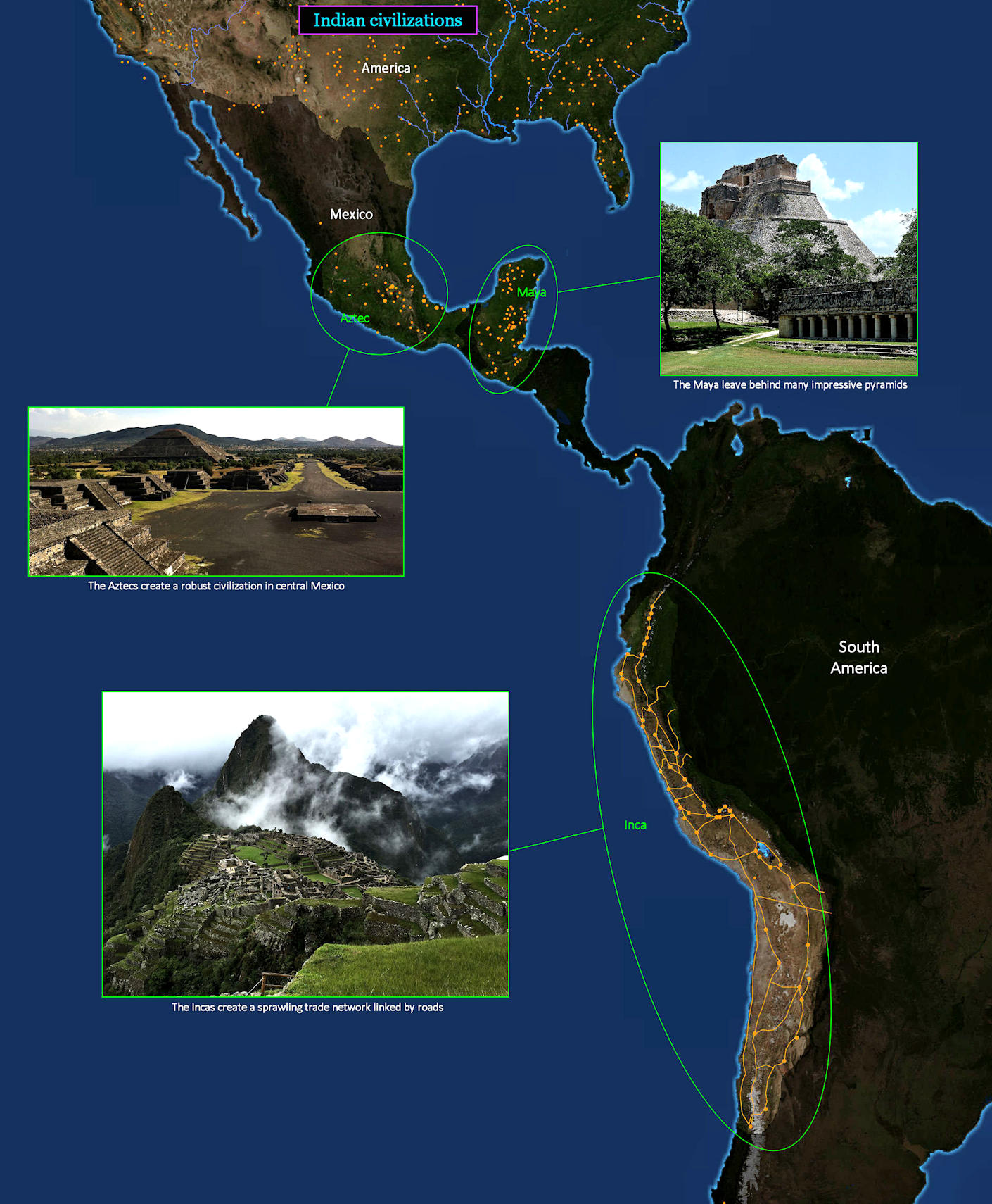 Aztec, Maya and Inca sites, 1500 map